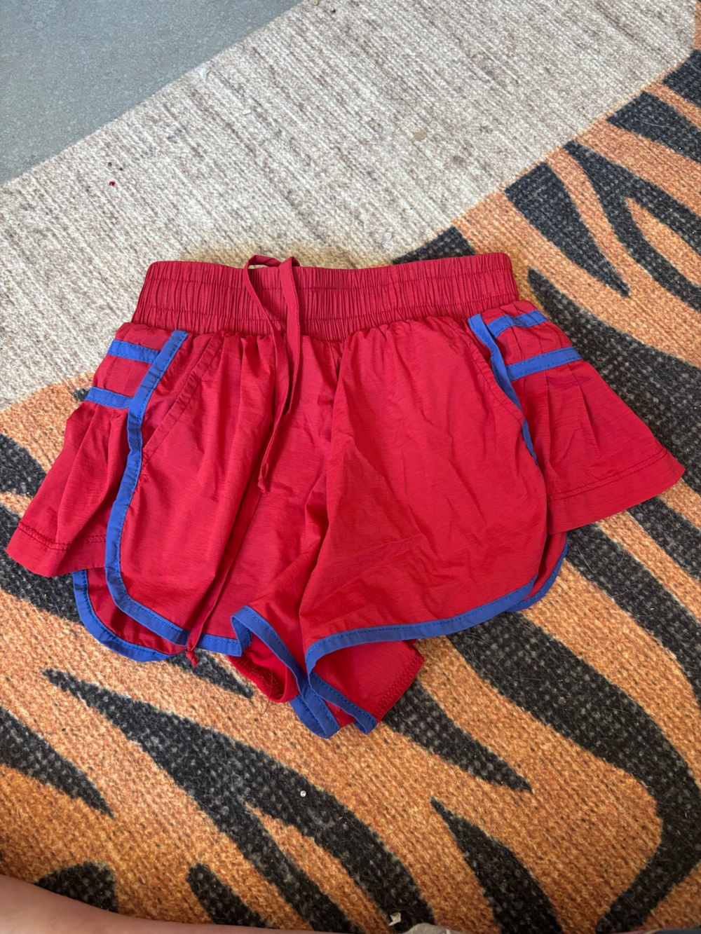 Red Kids Athletic Shorts with Blue Trim